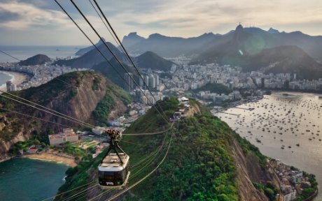 Bondinho do Pão de Açúcar com a paisagem do Rio de Janeiro ao fundo
